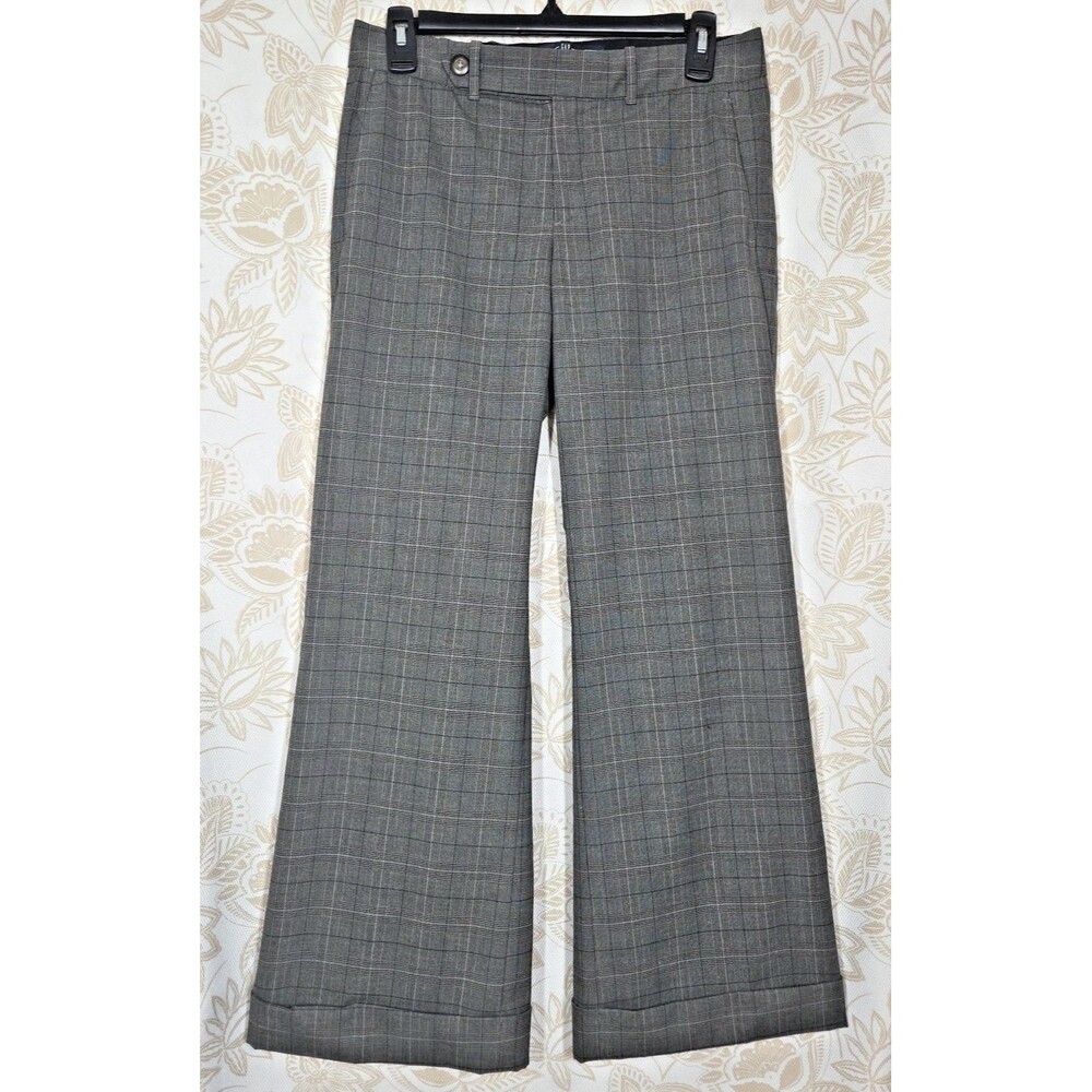 Gap Women Trouser 2 Ankle Pants Bootcut Grey Plaid Y2K WIDE Leg Cuff Windowpane - Picture 1 of 11
